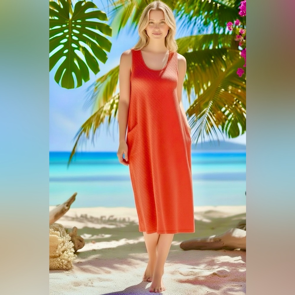 Vibrant Red/Orange Sleeveless Midi Dress, IC by Connie K Stretchy Crepe, M - Picture 2 of 10